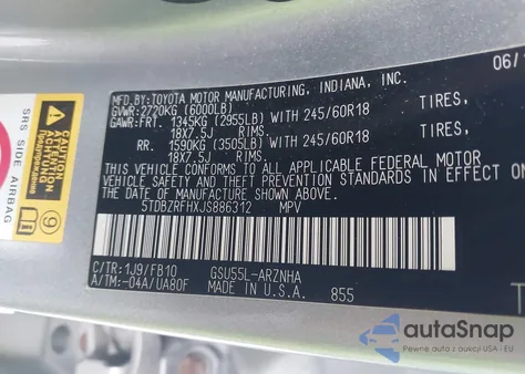 2018 Toyota Highlander Le from USA, damaged, VIN 5TDBZRFHXJS886312